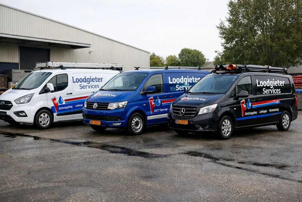 Bedrijfswagens van Loodgieter Services op een rij